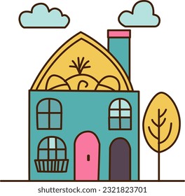Blue house vector illustration in cartoon style. Flat modern house in nature. Clear colors illustration for game,ui and more. 3D Illustration