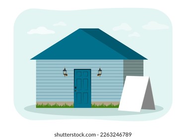Blaues Haus mit weißem, unbedrucktem Zeichen, Vektorgrafik. Cartoon Zeichnung eines Holzgebäudes mit blauem Dach und Tür, verkauft oder zum Verkauf. Immobilien, Hypotheken, Wohnungsbaukonzept