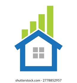 A blue house with a white interior and gray window, accompanied by a rising green bar graph, symbolizing growth and progress in real estate or finance.
