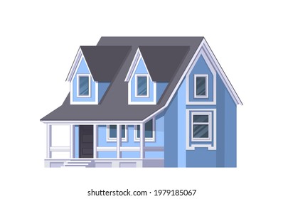 Blue house with white porch and two dormer windows.