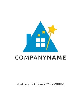 Blue house with wizard wand logo design. A magic home logo illustration vector