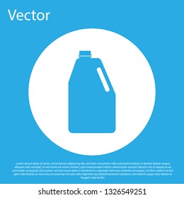 Blue Household chemicals blank plastic bottle icon isolated on blue background. Liquid detergent or soap, stain remover, laundry bleach. White circle button. Flat design. Vector Illustration