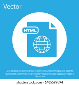 Blue HTML file document. Download html button icon isolated on blue background. HTML file symbol. Markup language symbol. White circle button. Vector Illustration