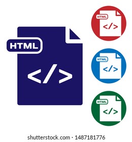 Blue HTML file document. Download html button icon isolated on white background. HTML file symbol. Markup language symbol. Set color icons in circle buttons. Vector Illustration