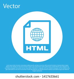 Blue HTML file document icon. Download html button icon isolated on blue background. HTML file symbol. Markup language symbol. White circle button. Vector Illustration
