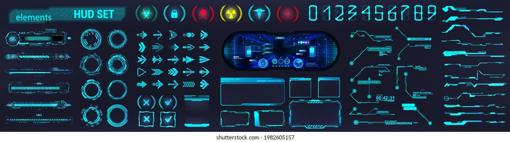 Blue HUD and Sci-fi UI collection elements - Futuristic circle, Frames, Callouts titles, loading bars, arrows, holograms VR, icons, bar labels and lines. HUD collection for UI, UX, GUI design. Vector