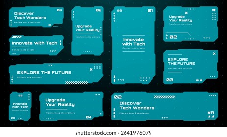 Blue hud text box frames with tech wonders and future exploration concepts. Digital user interface elements for futuristic display. Vector graphics.