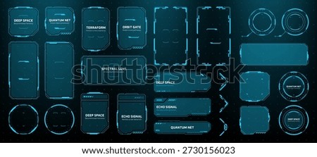 Blue hud vector graphic elements. High tech digital information display screens for sci fi video game interface.
