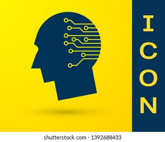 Blue Human brain as digital circuit board icon isolated on yellow background. Artificial Intelligence. Human head outline with circuit lines inside. Vector Illustration