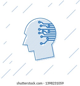 Blue Human brain as digital circuit board line icon isolated on white background. Artificial Intelligence. Human head outline with circuit lines inside. Vector Illustration