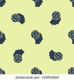 Blue Human brain as digital circuit board icon isolated seamless pattern on yellow background. Human head outline with circuit lines inside.  Vector Illustration