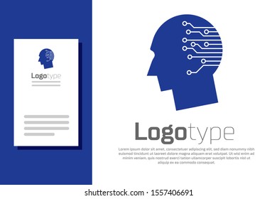 Blue Human brain as digital circuit board icon isolated on white background. Artificial Intelligence. Human head outline with circuit lines inside. Logo design template element. Vector Illustration