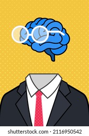 Blue human brain wearing glasses with business body suit cartoony pop art style vector illustration isolated on yellow background