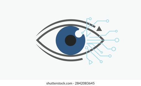 Blue human eye integrated with digital circuit tracks representing cybersecurity, bio-metric scanning, and advanced artificial vision.