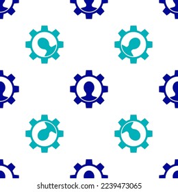 Blue Human with gear icon isolated seamless pattern on white background. Artificial intelligence. Thinking brain sign. Symbol work of brain.  Vector