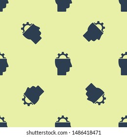Blue Human with gear inside icon isolated seamless pattern on yellow background. Artificial intelligence. Thinking brain sign. Symbol work of brain.  Vector Illustration