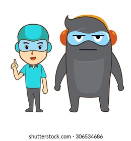 Blue human and gray monster