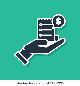 Blue Human hand holding with blank receipt or bill for payment icon isolated on green background. Banking and business operations.  Vector Illustration