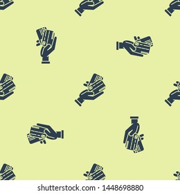 Blue Human hand holding with credit card icon isolated seamless pattern on white background. Online payment. Pay by card. Financial operations. Vector Illustration Blue Human hand holding with credit card icon isolated seamless pattern on white background. Online payment. Pay by card. Financial operations. Vector Illustration