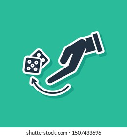 Blue Human hand throwing game dice icon isolated on green background.  Vector Illustration