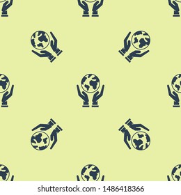 Blue Human hands holding Earth globe icon isolated seamless pattern on yellow background. Save earth concept.  Vector Illustration