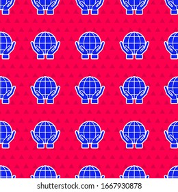 Blue Human hands holding Earth globe icon isolated seamless pattern on red background. Save earth concept.  Vector Illustration