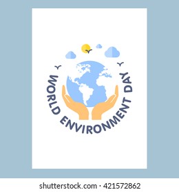 Blue Human hands holding globe with clouds and sun on it World Environment Day Typography and social responsibility flat poster vector illustration