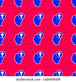 Blue Human head with christian cross icon isolated seamless pattern on red background.  Vector Illustration