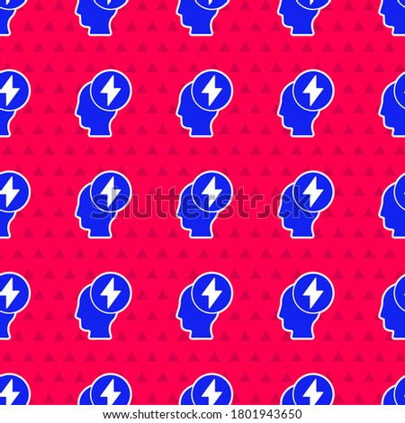 Blue Human head and electric symbol icon isolated seamless pattern on red background.  Vector Illustration