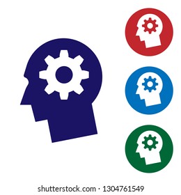 Blue Human head with gear inside icon isolated on white background. Artificial intelligence. Thinking brain sign. Symbol work of brain. Vector Illustration