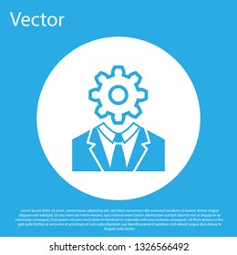 Blue Human head with gear inside icon isolated on blue background. Artificial intelligence. Thinking brain sign. Symbol work of brain. White circle button. Flat design. Vector Illustration