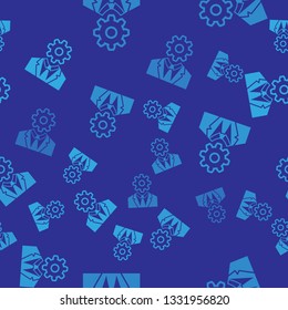 Blue Human head with gear inside icon isolated seamless pattern on blue background. Artificial intelligence. Thinking brain sign. Symbol work of brain. Vector Illustration