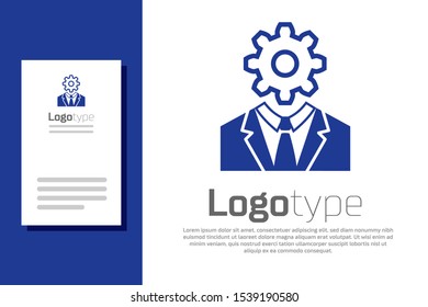 Blue Human head with gear inside icon isolated on white background. Artificial intelligence. Thinking brain sign. Symbol work of brain. Logo design template element. Vector Illustration