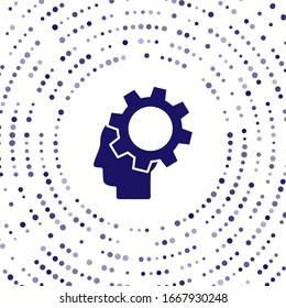 Blue Human head with gear inside icon isolated on white background. Artificial intelligence. Thinking brain. Symbol work of brain. Abstract circle random dots. Vector Illustration