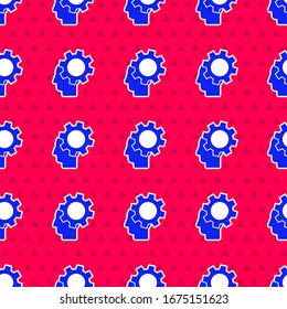 Blue Human head with gear inside icon isolated seamless pattern on red background. Artificial intelligence. Thinking brain. Symbol work of brain.  Vector Illustration