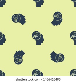 Blue Human head with lamp bulb icon isolated seamless pattern on yellow background.  Vector Illustration