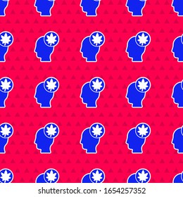 Blue Human head with leaf icon isolated seamless pattern on red background.  Vector Illustration
