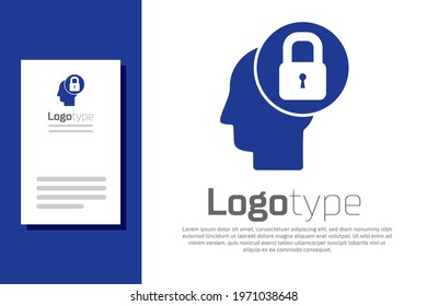 Blue Human head with lock icon isolated on white background. Logo design template element. Vector Illustration