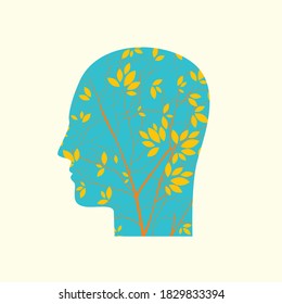 Blue human head in profile with branches of young tree as a concept for positive thinking or environmental protection. Decorative vector illustration, icon, avatar or logo