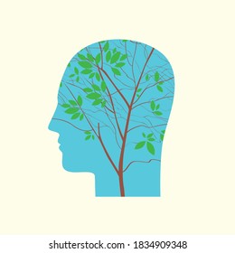 Blue human head in profile with the branches of a young slender tree inside as a concept of positive thinking or environmental protection. Decorative vector illustration, icon, logo, avatar, banner