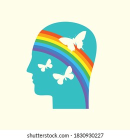 Blue human head in profile with a rainbow and butterflies as a concept for positive thinking or environmental protection. Decorative vector illustration, icon, avatar or logo