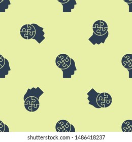 Blue Human head puzzles strategy icon isolated seamless pattern on yellow background. Thinking brain sign. Symbol work of brain. Vector Illustration Blue Human head puzzles strategy icon isolated seamless pattern on yellow background. Thinking brain sign. Symbol work of brain. Vector Illustration