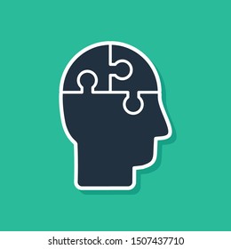 Blue Human head puzzles strategy icon isolated on green background. Thinking brain sign. Symbol work of brain.  Vector Illustration
