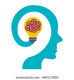 blue human head  with red brain and yellow light bulb icon  on side view over isolated background,vector illustration