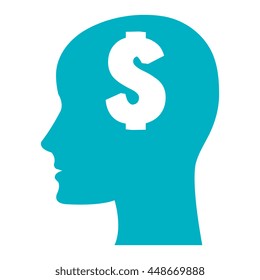 Blue human head silhouette, with money shape symbol