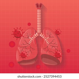 Pulmones humanos azules con virus rojos fuera Enfermedades respiratorias y pulmonares virales, concepto médico de protección de la salud Estilo de tecnología futurista de baja poli Vector de fondo de estructura de alambre geométrico