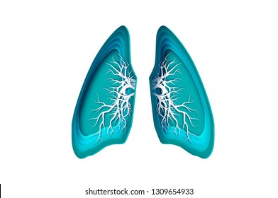 Blue Human Lungs.World health day.Medicine idea. Paper cut style. Origami layered silhouette.