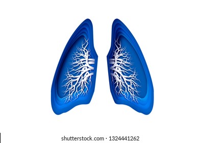 Blue Human Lungs.World health day.Medicine idea. Paper cut style. Origami layered silhouette