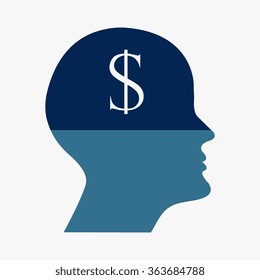 Blue human profile picture with Dollars sign icon. USD currency symbol. Money label