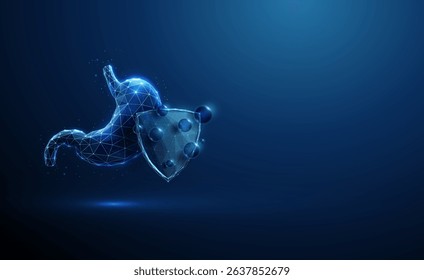 Blue human stomach protected by shield with floating gas bubbles in front Concept of gas reduction, digestive comfort, protection against bloating Medical treatment, gastrointestinal wellness. Vector.